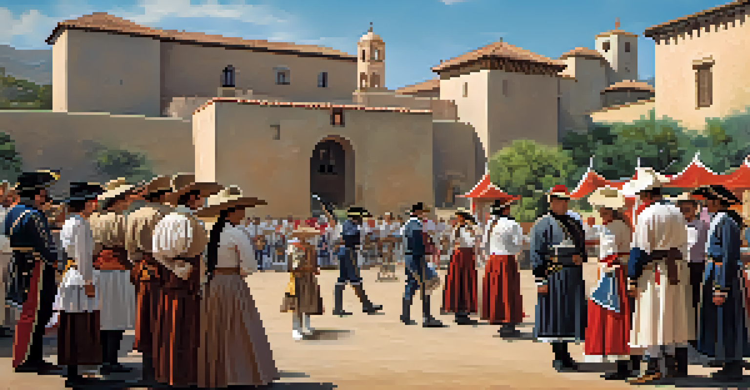 Visitors participating in a historical reenactment at a Spanish colonial fortress, dressed in traditional attire against a backdrop of adobe architecture.
