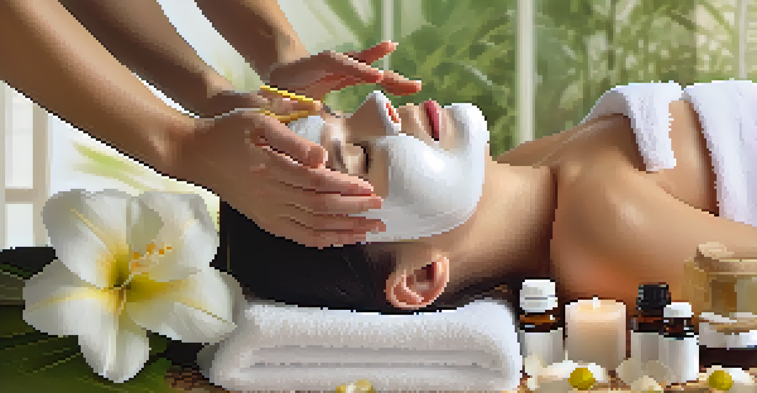 A close-up of a facial treatment being given at a spa, with a therapist applying a mask surrounded by flowers and oils.