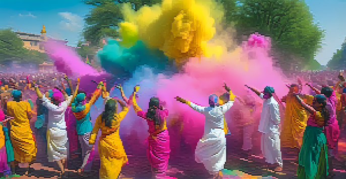 A colorful Holi Festival scene with people throwing colored powders in the air, surrounded by trees and decorations.