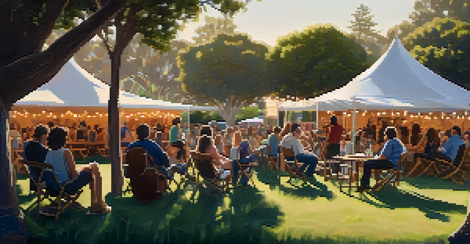 An intimate folk music festival with a singer-songwriter performing on stage while families enjoy the music on the grass in a serene setting.