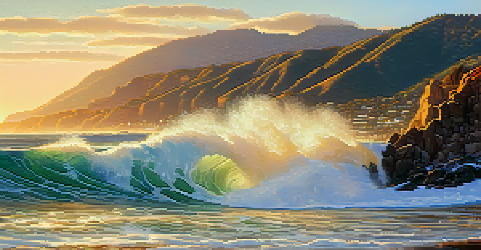 Close-up of ocean waves crashing against cliffs in Santa Barbara during golden hour, with sunlight reflecting on the water.