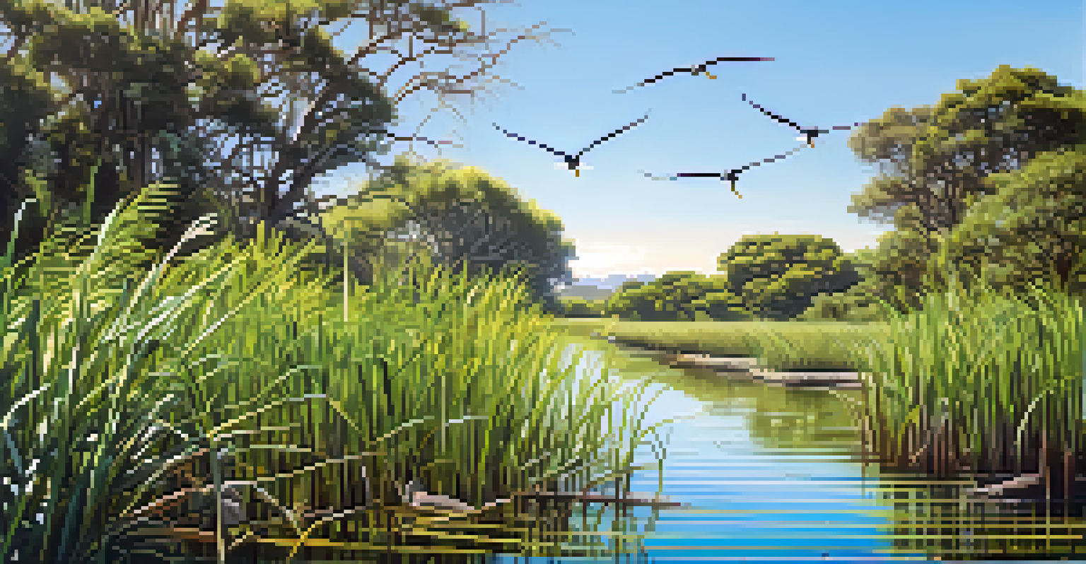 A close-up of a vibrant coastal wetland in Santa Barbara, showcasing greenery, birds, and clear water.