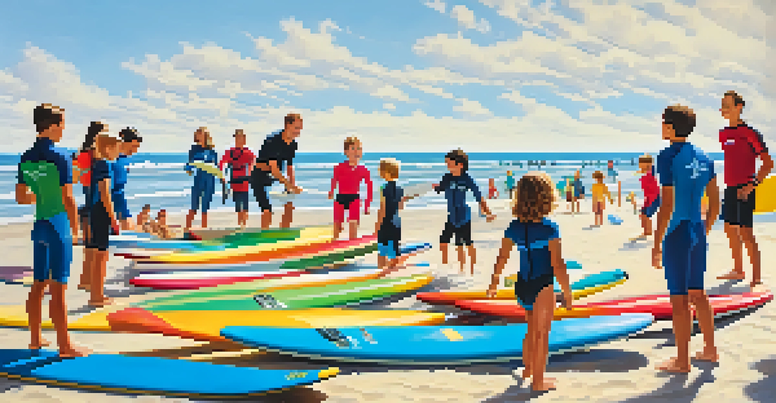 Families learning to surf together at East Beach, with vibrant surfboards and instructors in a sunny environment.