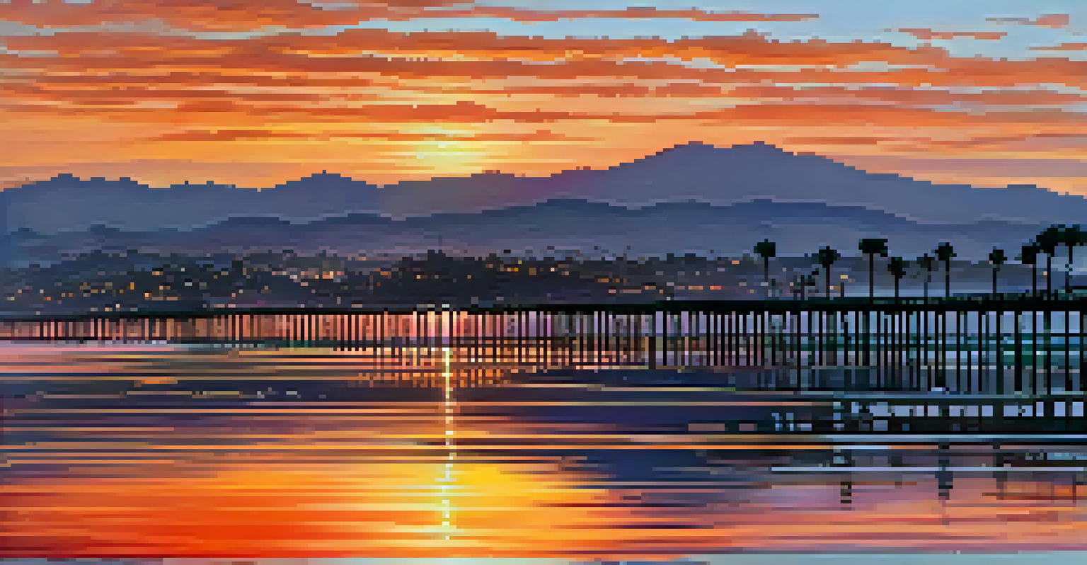 A beautiful sunset over Santa Barbara's coastline, with vibrant colors in the sky reflecting on the water and silhouettes of historic buildings.