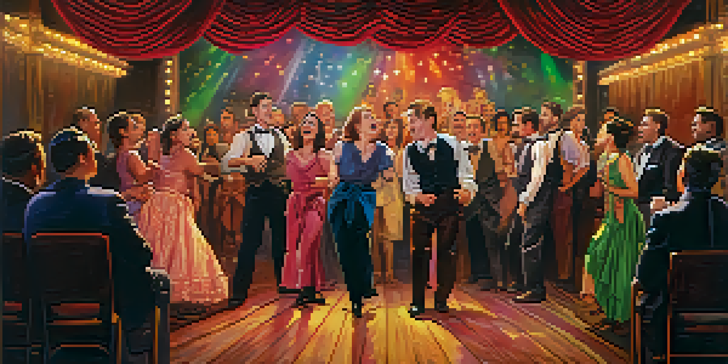 A diverse group of actors performing on stage in a local theater, with an engaged audience in the foreground, vintage decor and warm lighting.
