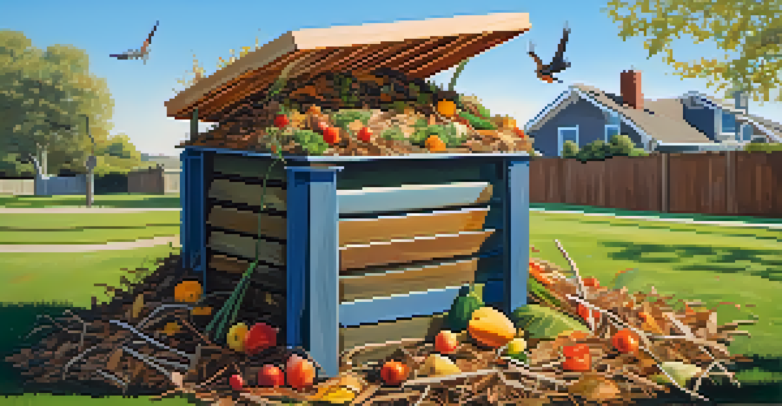 A wooden compost bin filled with organic waste in a beautiful backyard setting.