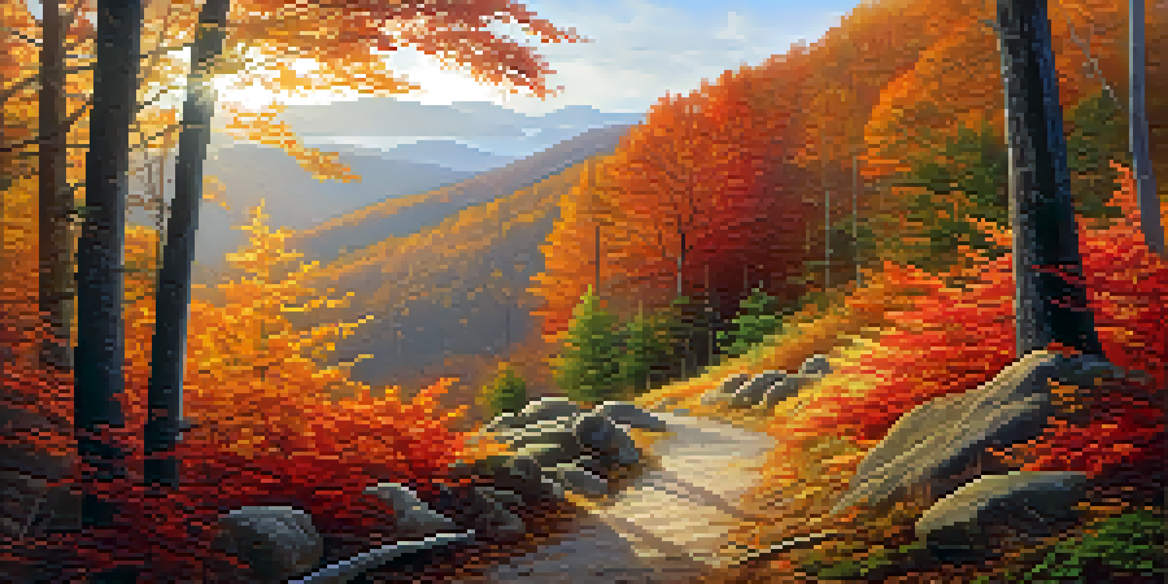 A vibrant autumn landscape featuring colorful leaves along a winding trail in the Appalachian Mountains, with misty peaks in the background.