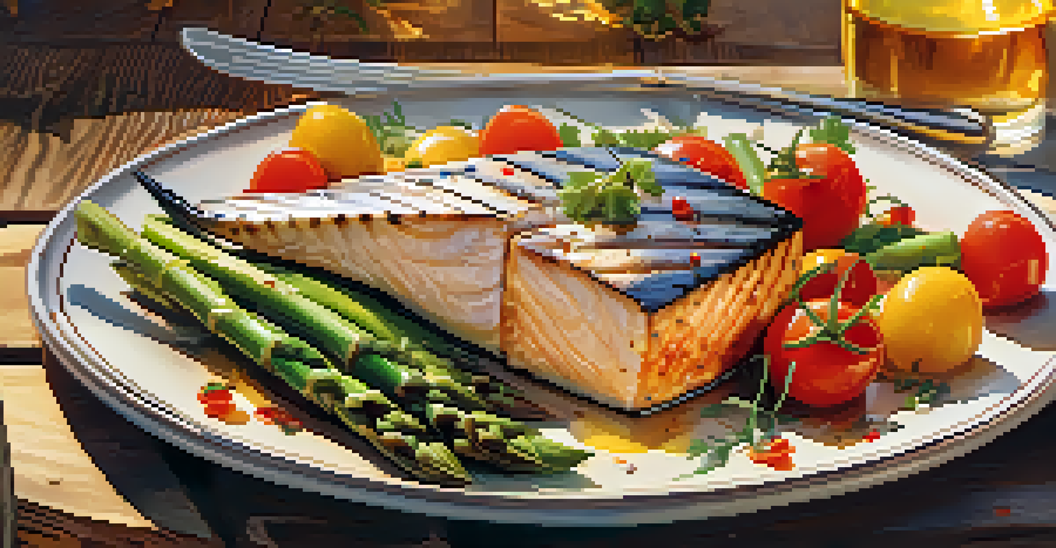 A plate of grilled swordfish with colorful seasonal vegetables on a wooden table, illuminated by a golden sunset.