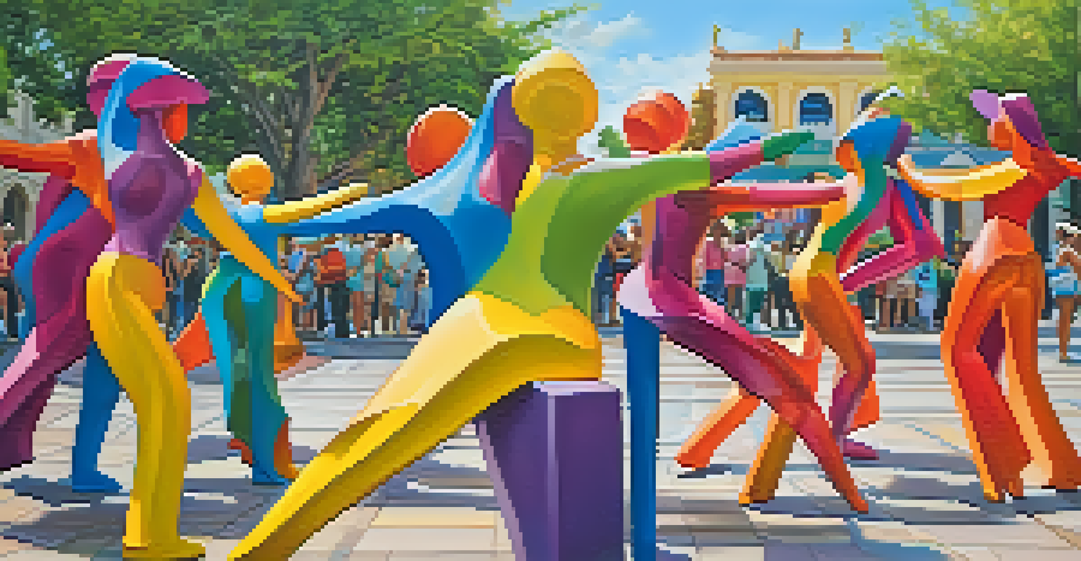 Colorful dancing figures sculpture in a plaza, with families enjoying the artwork and creating joyful memories.