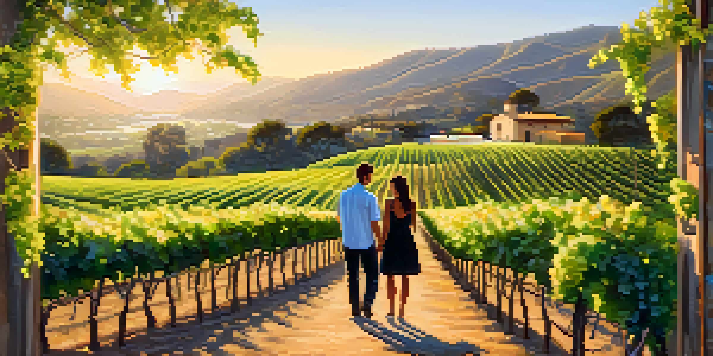 A scenic vineyard in Santa Barbara at sunset, with grapevines and a couple toasting with wine glasses.