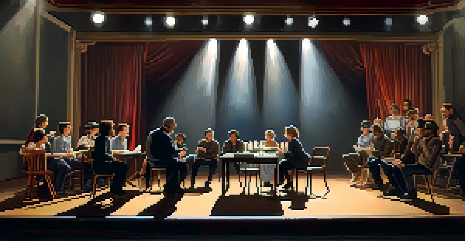 A theater rehearsal with actors and a director discussing a script on stage, surrounded by props and costumes.