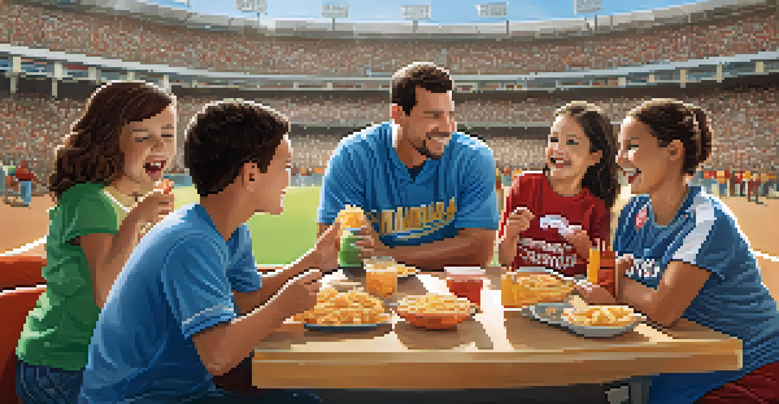 A family enjoying a local sports game together, sharing snacks and wearing matching team jerseys, with a lively stadium in the background.