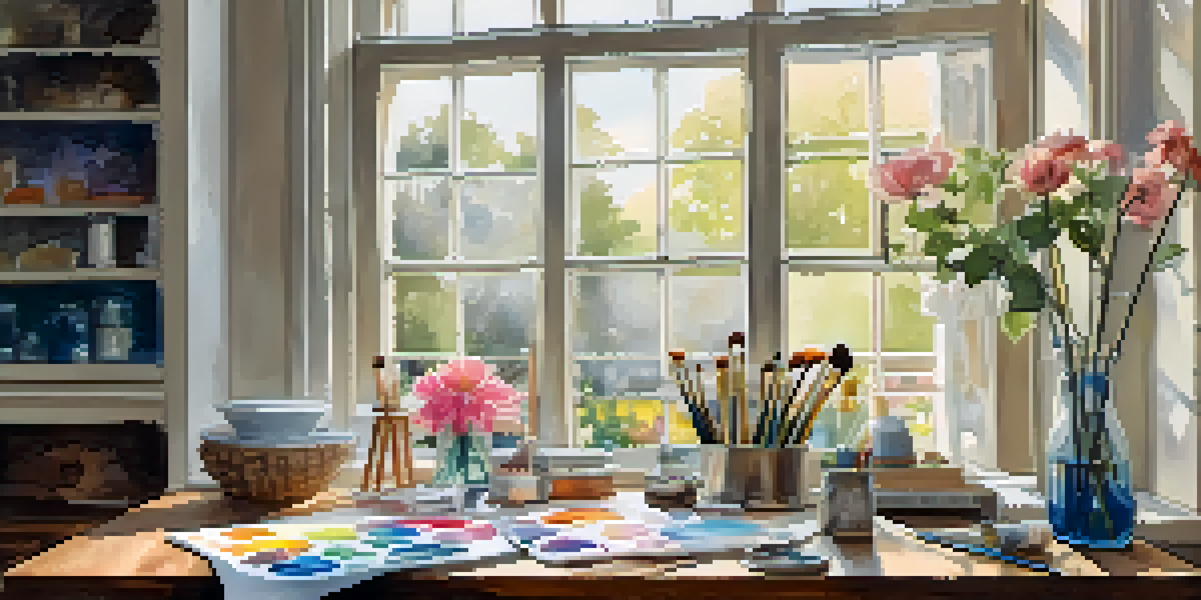 A watercolor painting setup on a wooden table with a palette of colors, brushes, and paper, illuminated by soft natural light.