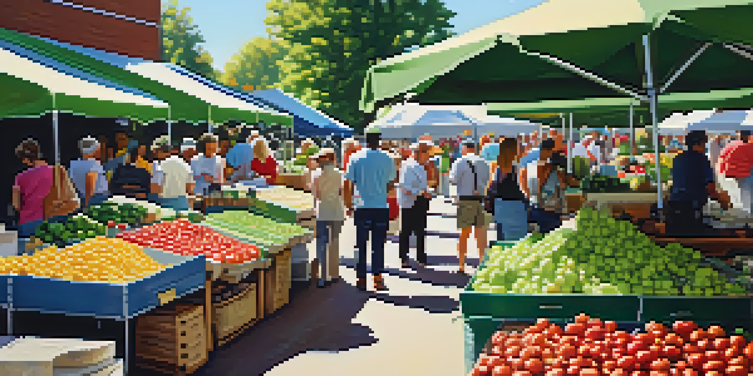 An outdoor farmers' market filled with fresh produce and people shopping.