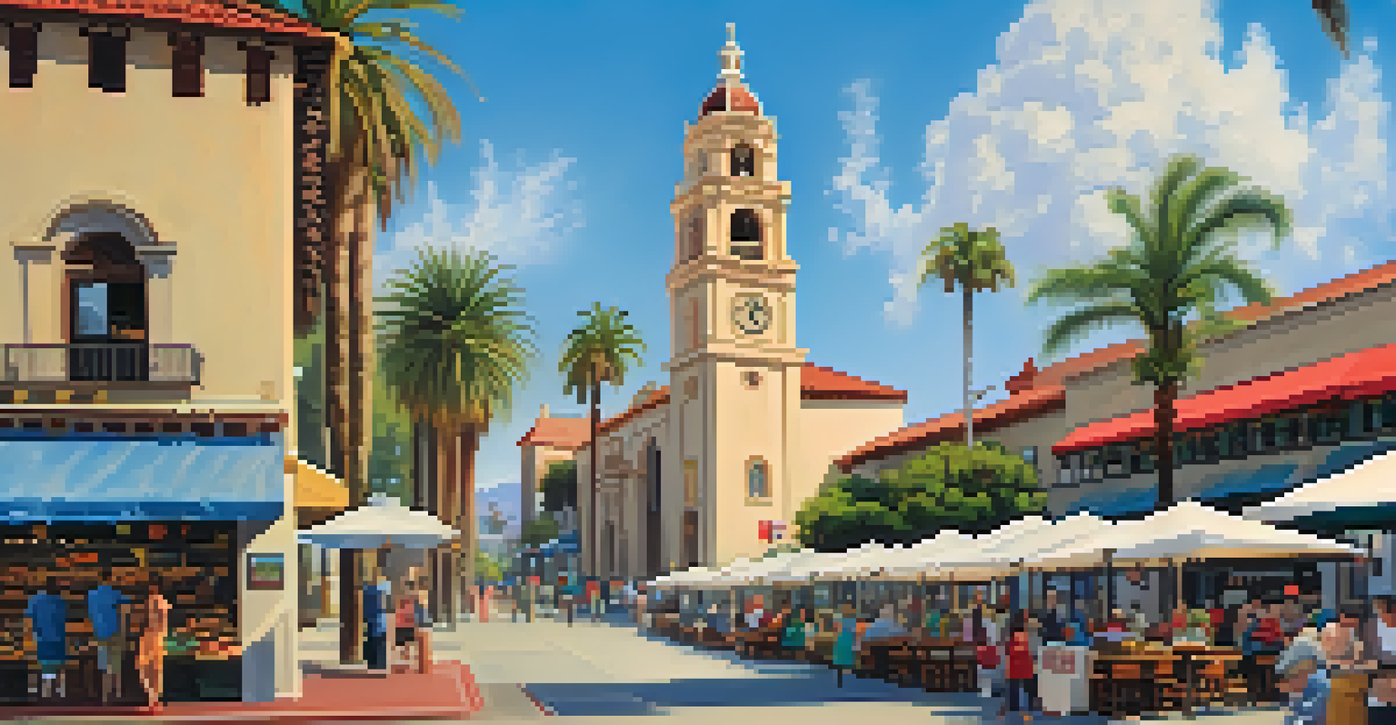 A lively street scene in Santa Barbara showcasing the historic Courthouse with a market in front and palm trees in the background under a clear sky.