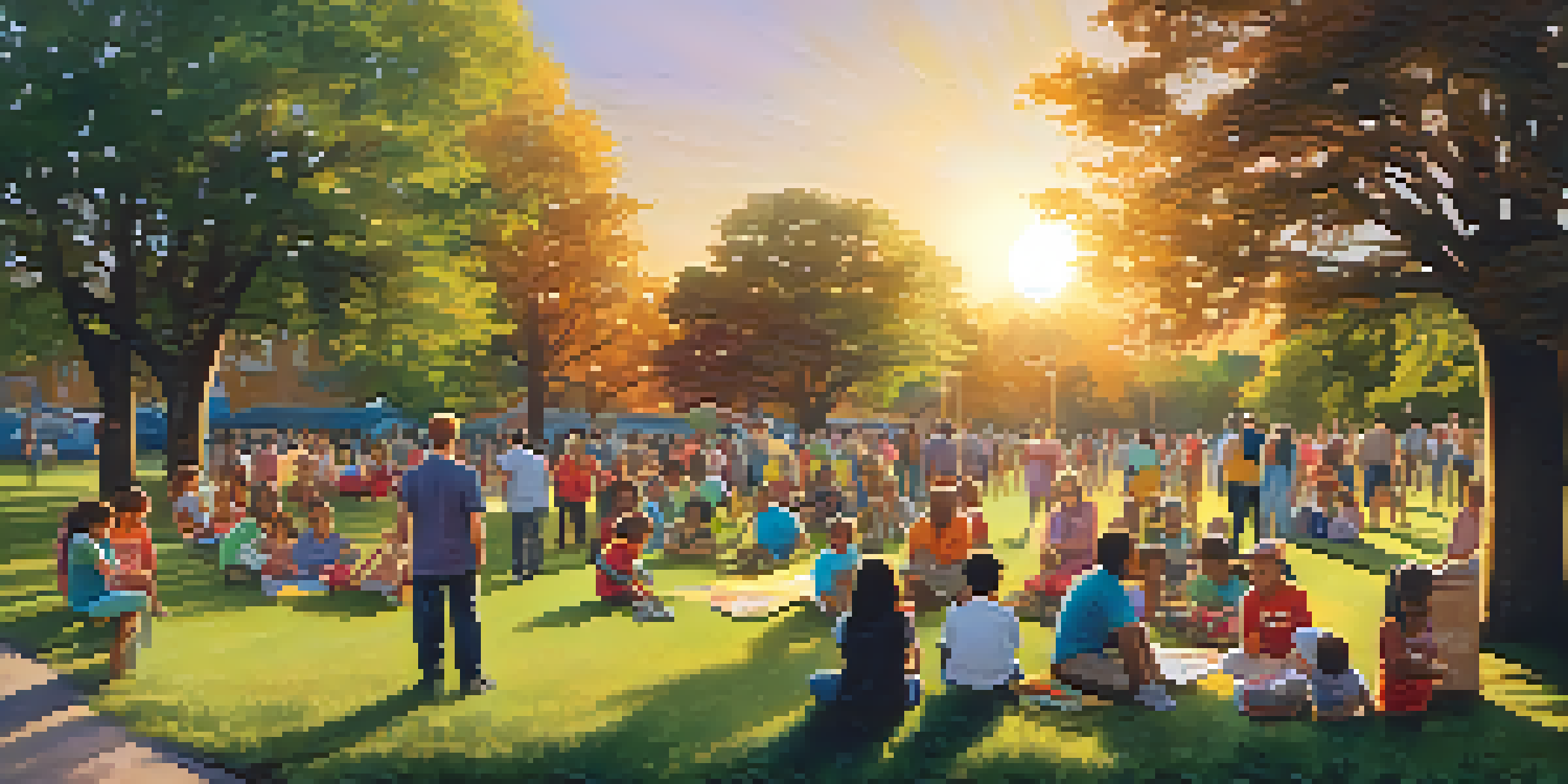 A diverse group of people participating in a community gathering at a park, with colorful banners and children playing in the background during sunset.