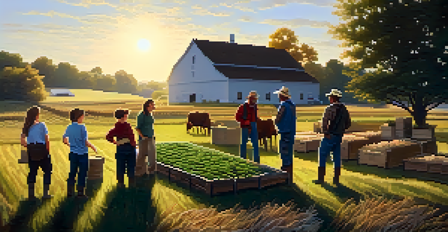 A farmer explaining sustainable practices to visitors during a farm tour with crops and beehives in the background.