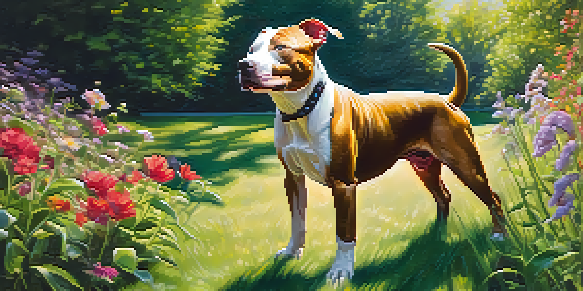 A playful pit bull named Bella in a sunny backyard, surrounded by flowers and grass, showcasing her joyful transformation.