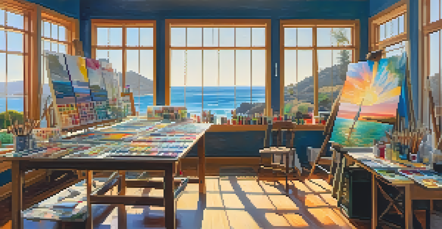 An artist's studio with paintings and art supplies, showcasing creativity inspired by Santa Barbara.