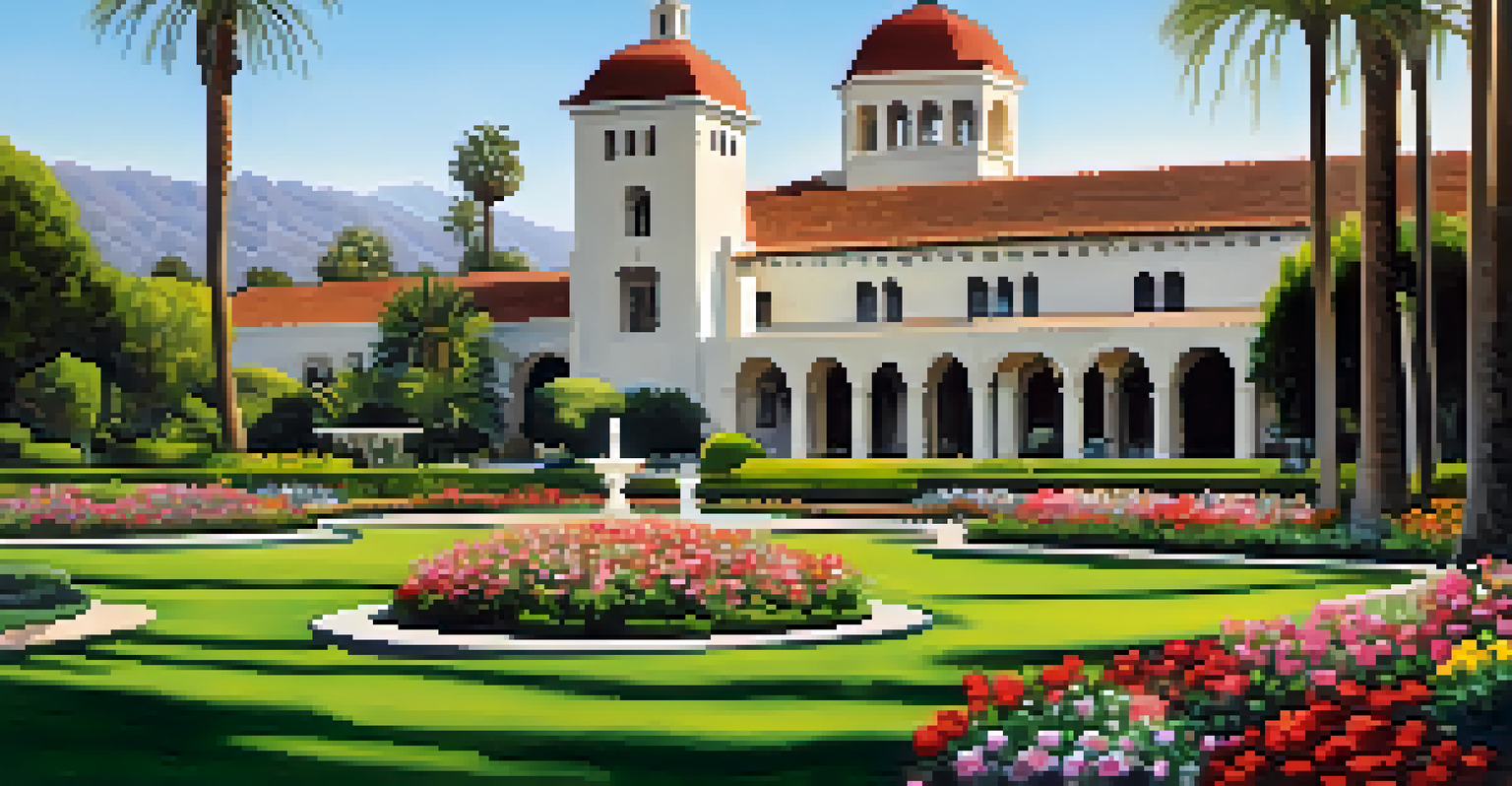A peaceful view of the Santa Barbara Courthouse gardens, featuring manicured lawns and colorful flowers, with the courthouse in the background.