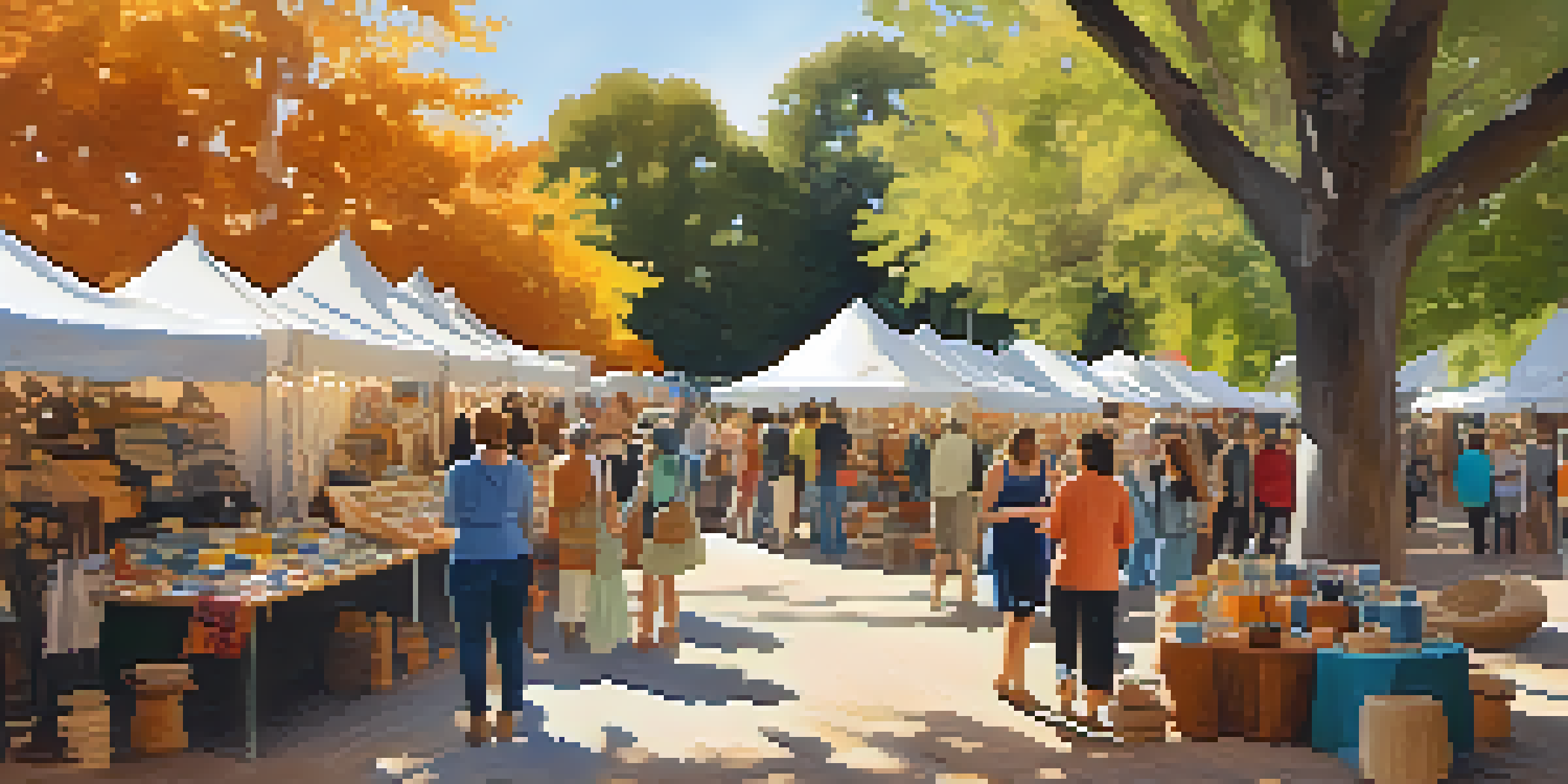A lively craft fair with artisan booths displaying handmade pottery, jewelry, and textiles, surrounded by visitors and sunlight filtering through trees.