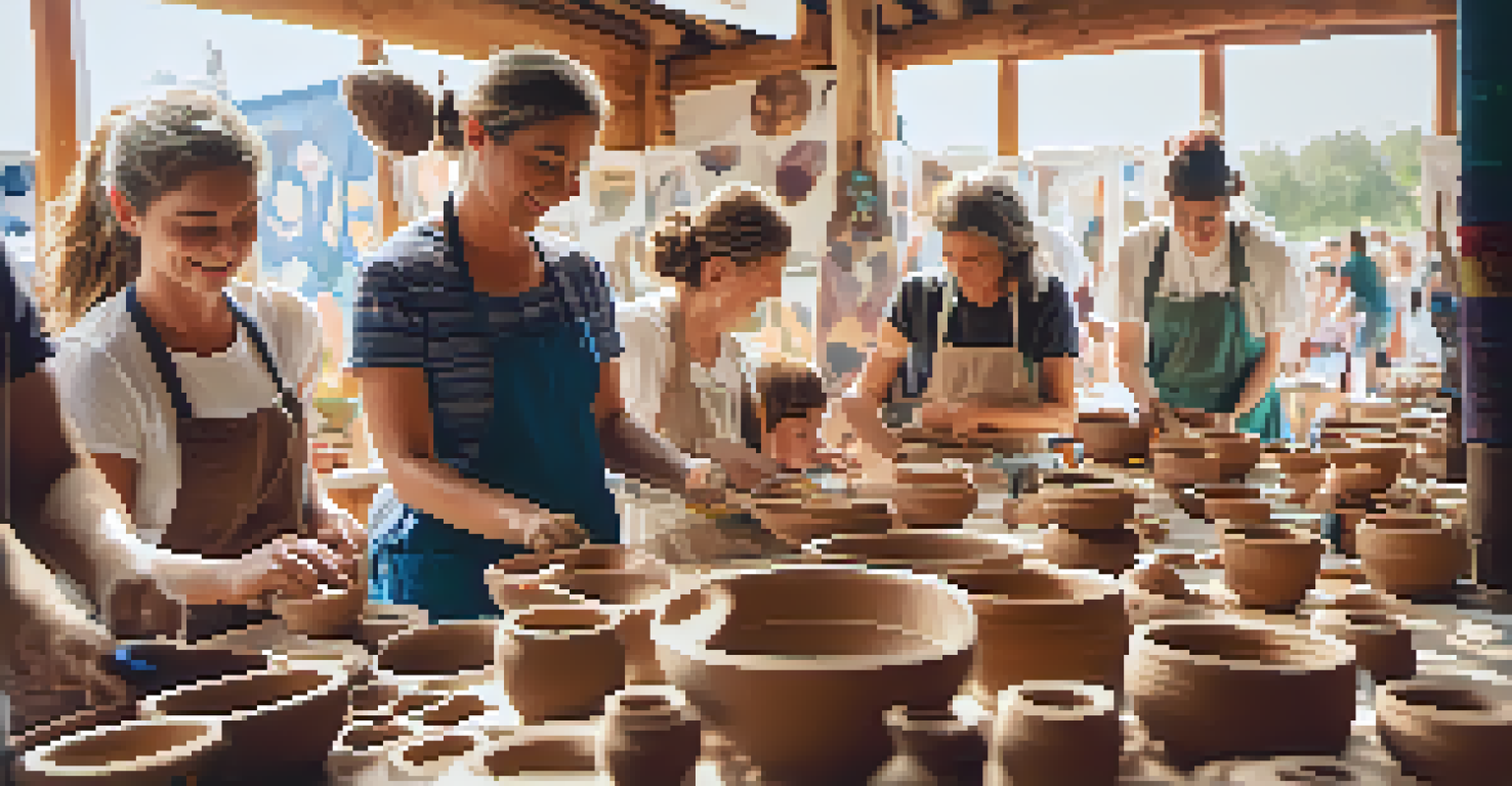 Participants enjoying a pottery workshop in a brightly lit space filled with art and creativity.