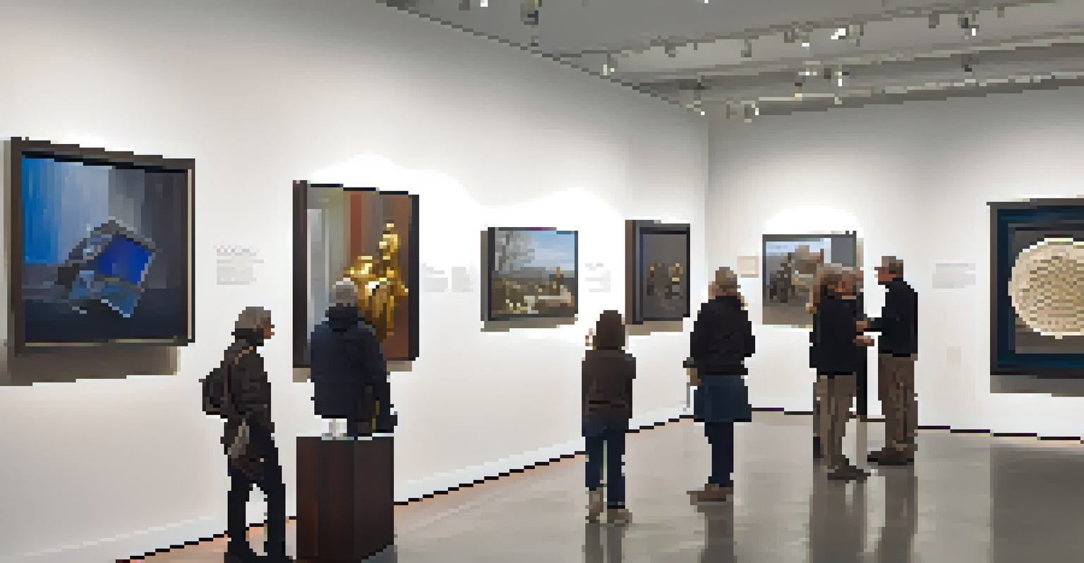 An art gallery exhibition featuring various sculptures under spotlights, with visitors engaging and discussing the artworks.