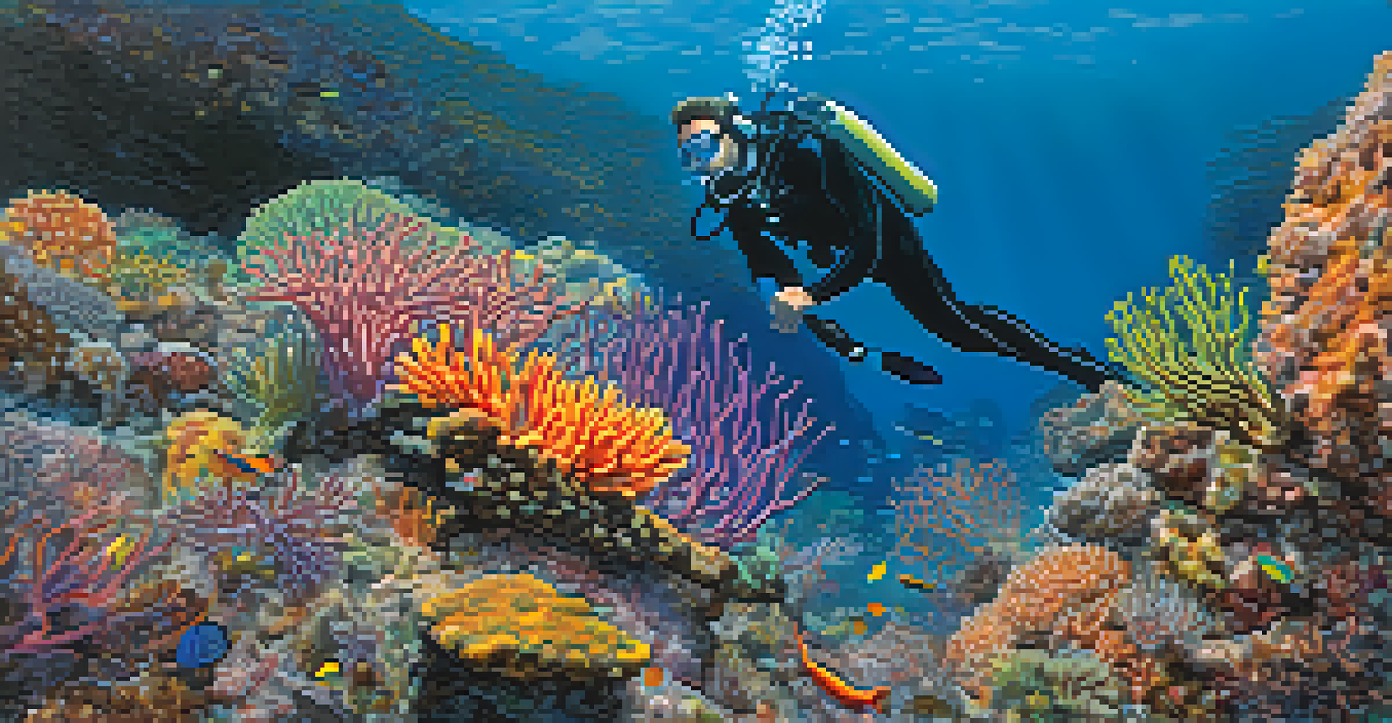 A diver observing a colorful nudibranch on a rocky reef off Santa Barbara, with shafts of light illuminating the underwater scene.