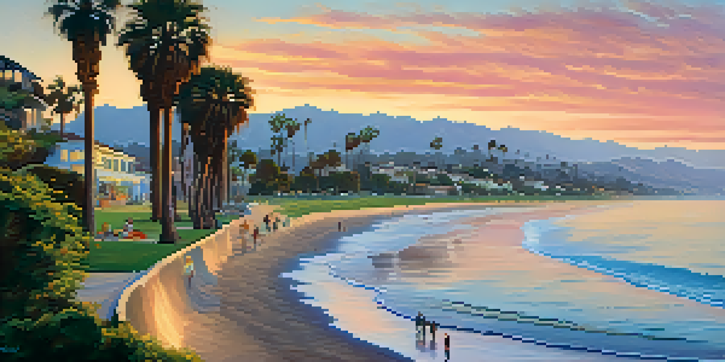 A serene sunset over Santa Barbara's coastline with a winding path and people walking along the beach.