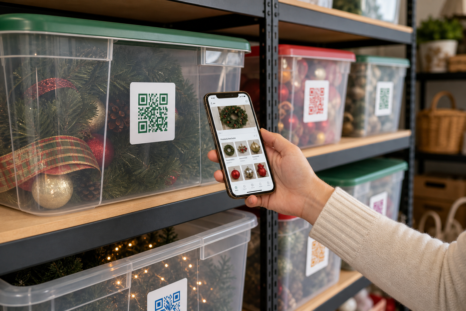 Scanning a SmartLabels QR code on a holiday storage bin