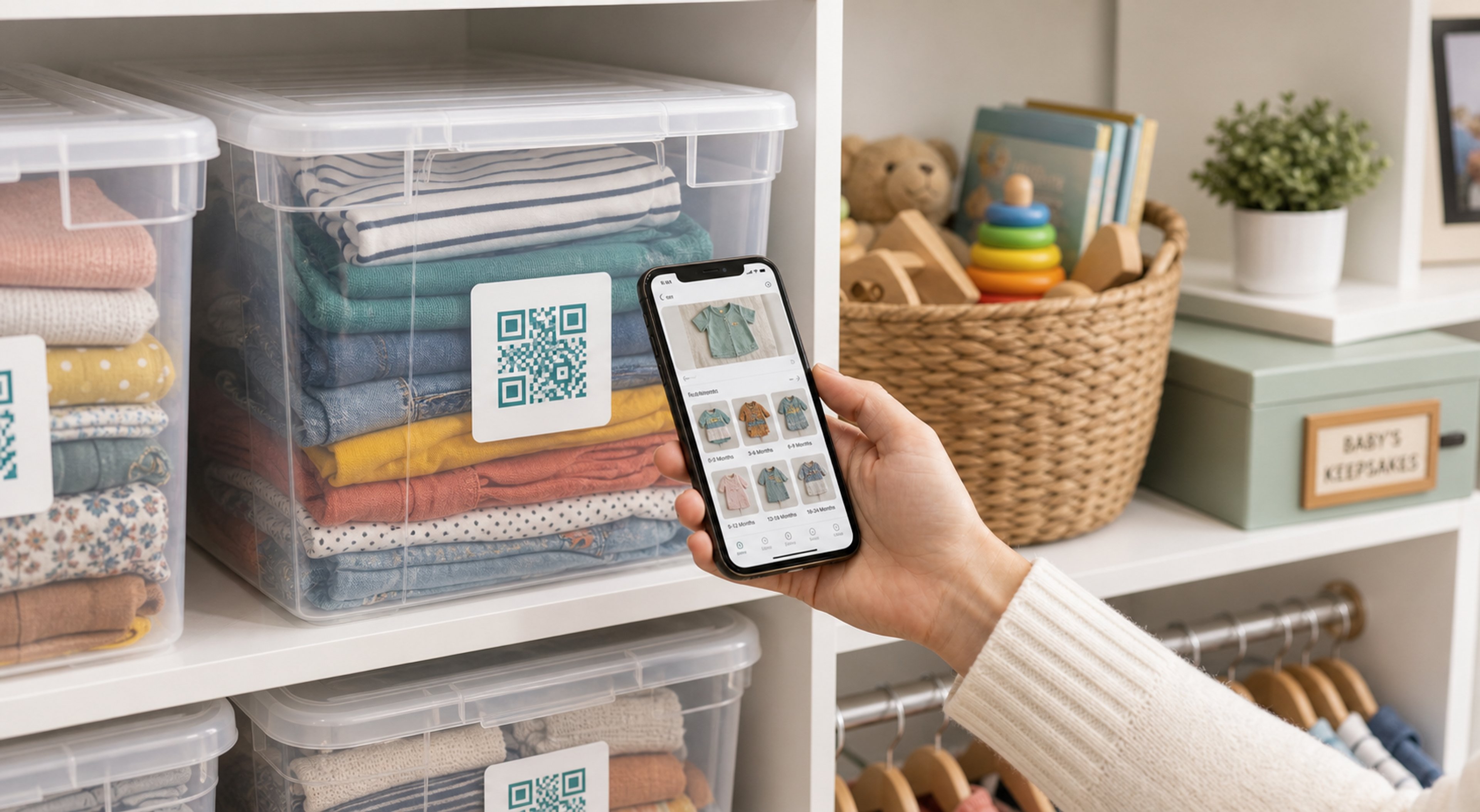 Scanning a QR code label on a kids clothing storage bin
