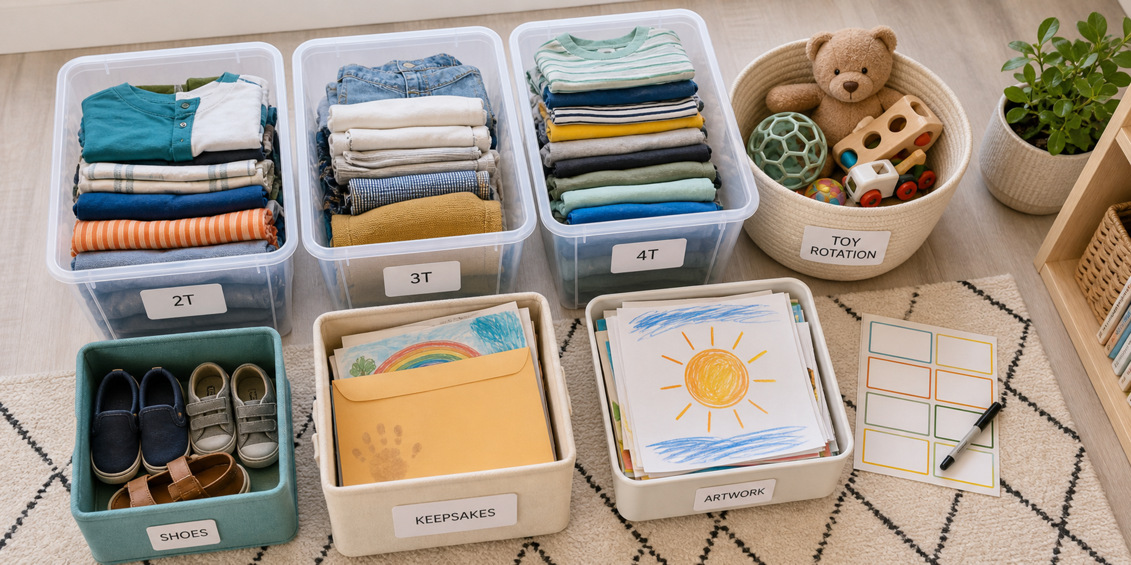 Kids clothes, toy rotation, shoes, artwork, and keepsakes sorted into bins