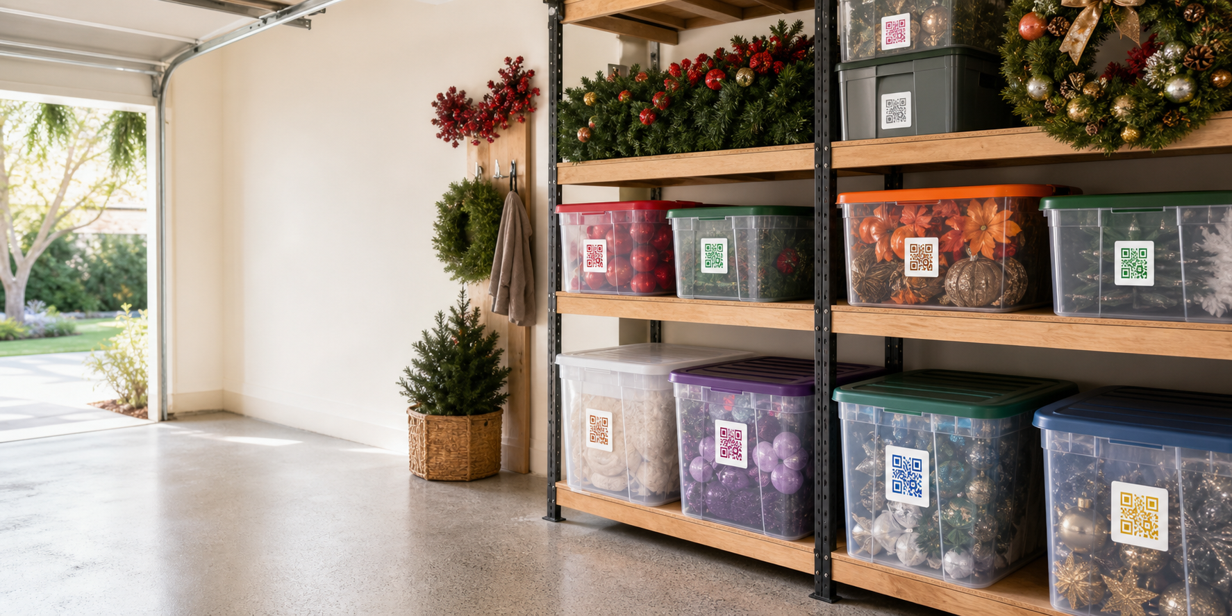 Neatly organized seasonal storage bins on garage shelves
