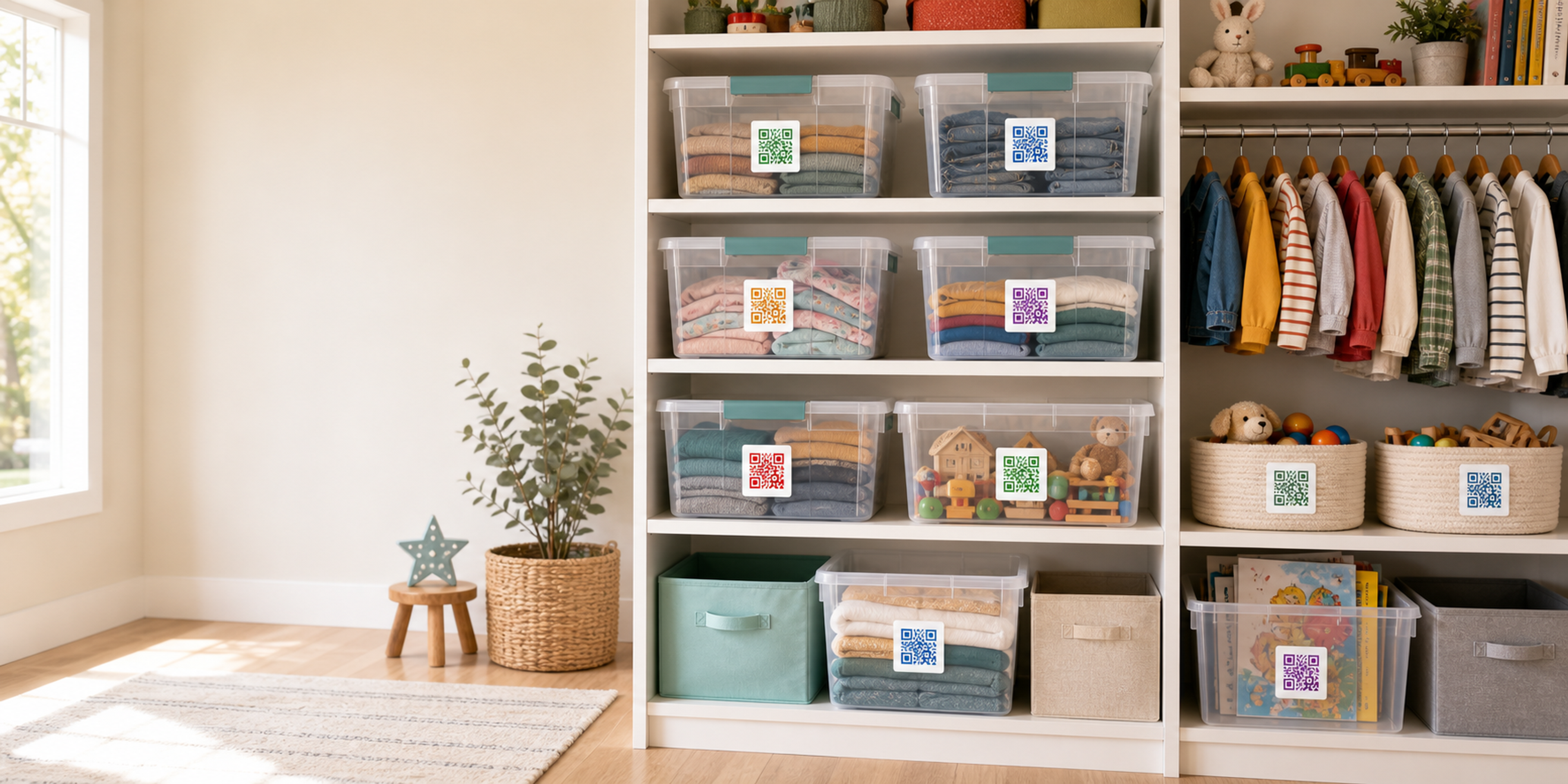 Organized kids clothes, toy, and keepsake bins with QR code labels