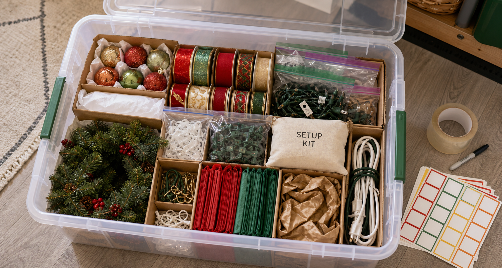 A neatly packed holiday setup kit inside a storage bin
