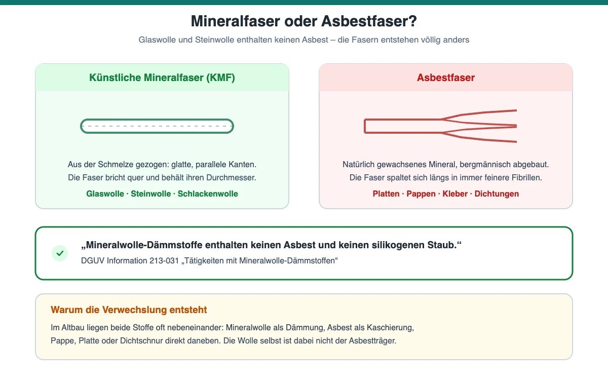 Vergleich der Faserstruktur: künstliche Mineralfaser mit glatten parallelen Kanten gegenüber längs aufspaltender Asbestfaser