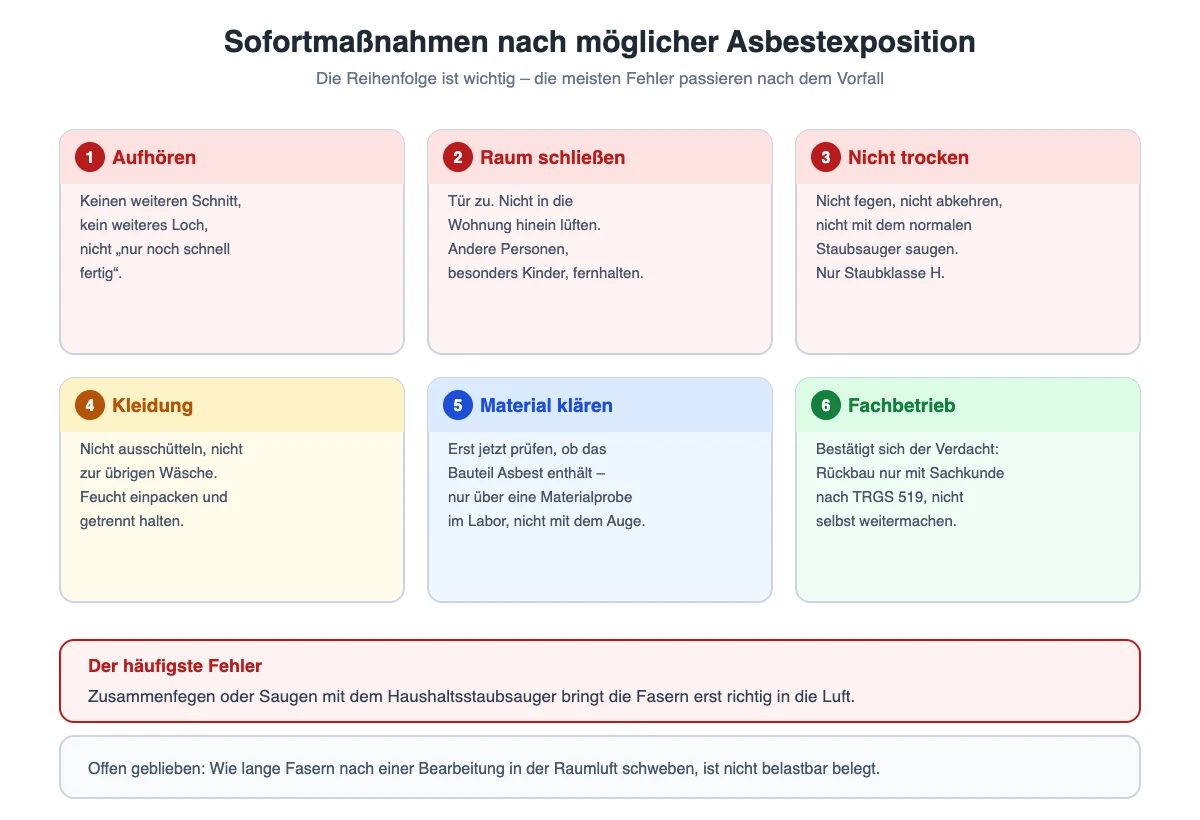Sechs Sofortmaßnahmen nach möglicher Asbestexposition: Arbeit stoppen, Raum schließen, nicht fegen, Kleidung feucht einpacken, Materialprobe, Fachbetrieb