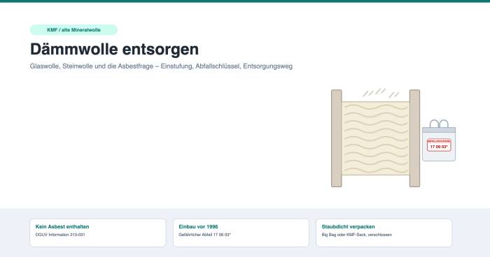 Alte Dämmwolle zwischen zwei Dachsparren und ein verschlossener KMF-Sack mit Abfallschlüssel 17 06 03*