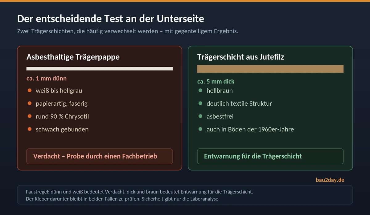 Vergleich der Trägerschichten: dünne weiße Asbestpappe gegenüber dickem braunem Jutefilz