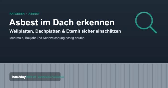 Asbest im Dach erkennen – Titelgrafik mit Lupe über grauer Wellplatten-Dachfläche