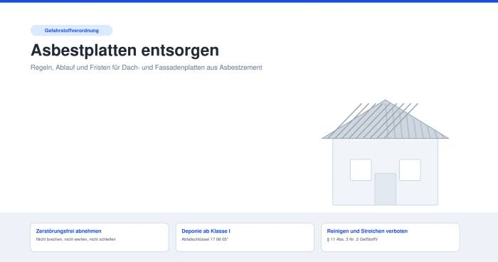 Asbestplatten entsorgen: schematisches Dach aus Asbestzement-Wellplatten mit den drei Grundregeln der Entsorgung