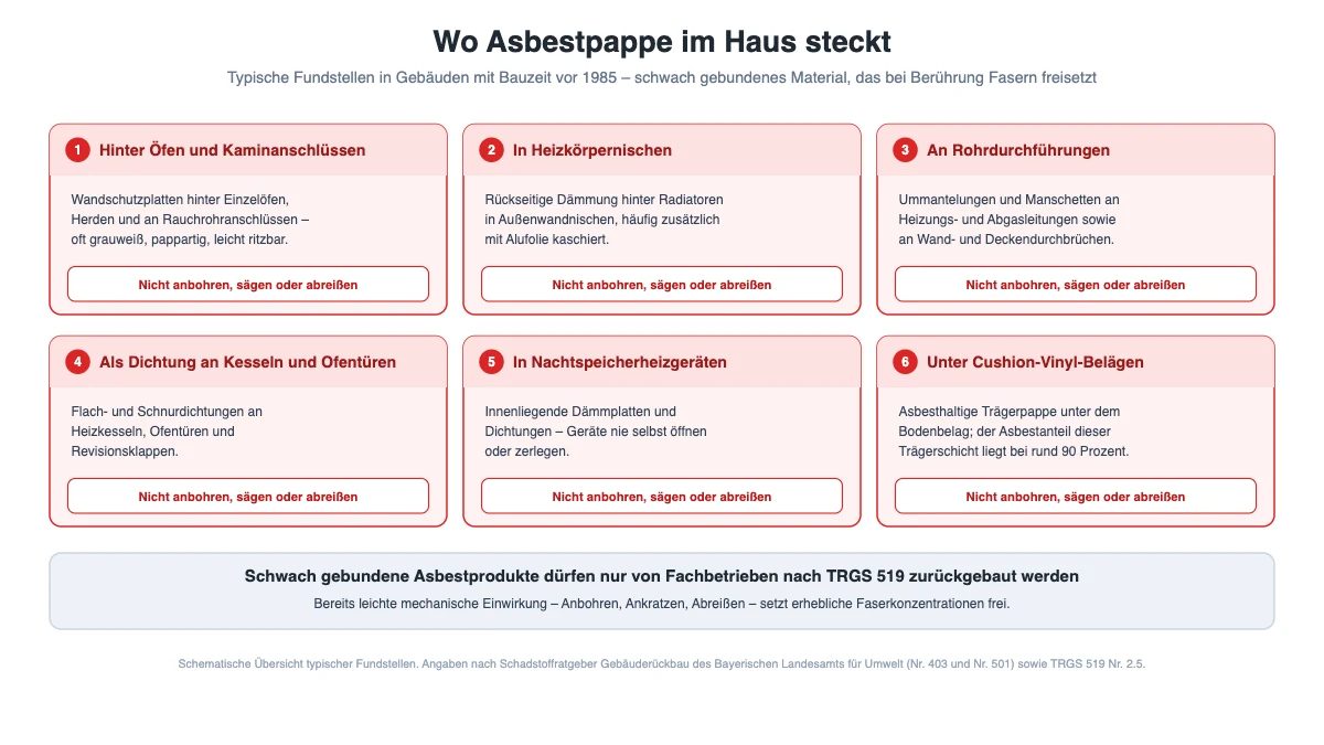 Übersicht typischer Fundorte von Asbestpappe im Haus: hinter Öfen, in Heizkörpernischen, an Rohrdurchführungen und unter Cushion-Vinyl-Belägen