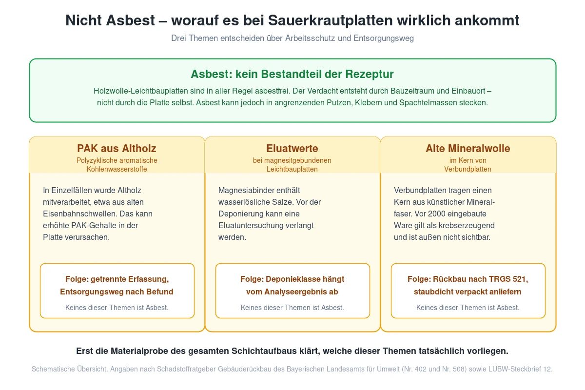 Übersicht der Schadstoffthemen bei Sauerkrautplatten: PAK aus Altholz, Eluatwerte bei magnesitgebundenen Platten und alte Mineralwolle im Kern von Verbundplatten