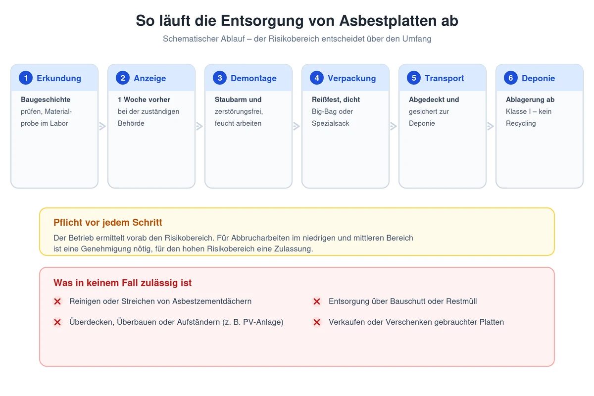 Ablauf der Entsorgung von Asbestplatten von der Erkundung bis zur Deponie