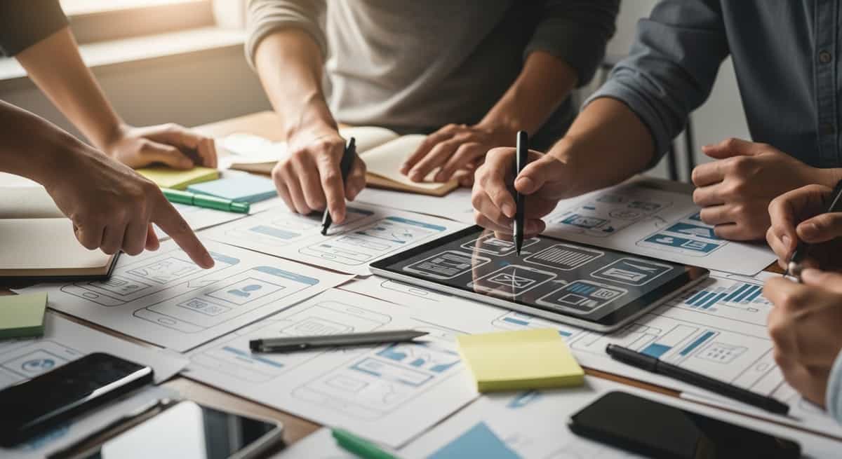 designers discussing and brainstorming on wireframes