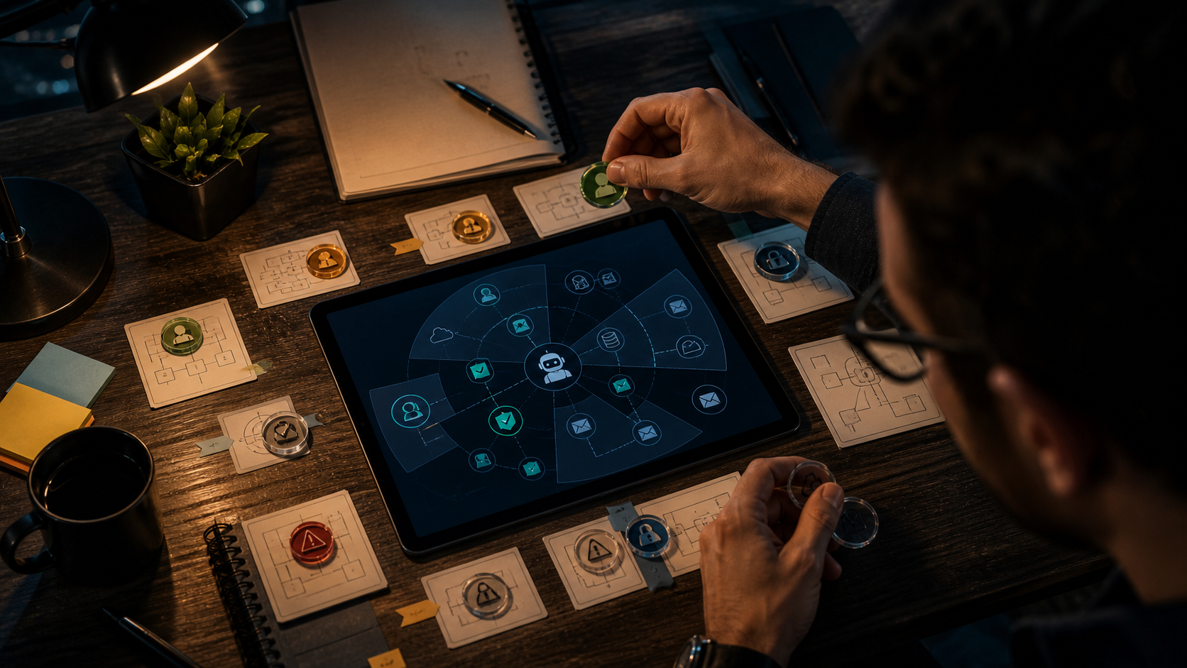 Agent identities, permission scopes, and blast-radius warning and lock tokens laid out and arranged around a tablet showing an AI agent's access map.