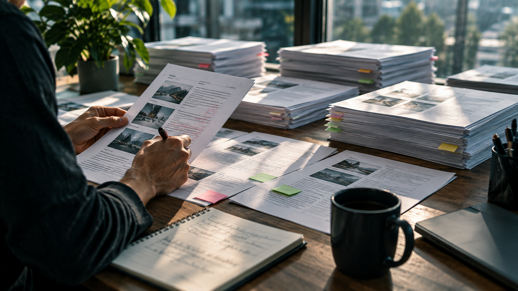 A desk covered in thick stacks of printed pages tagged with colored flags, one page held up and marked in red pen, showing a manual review backlog well beyond what one reviewer can clear.