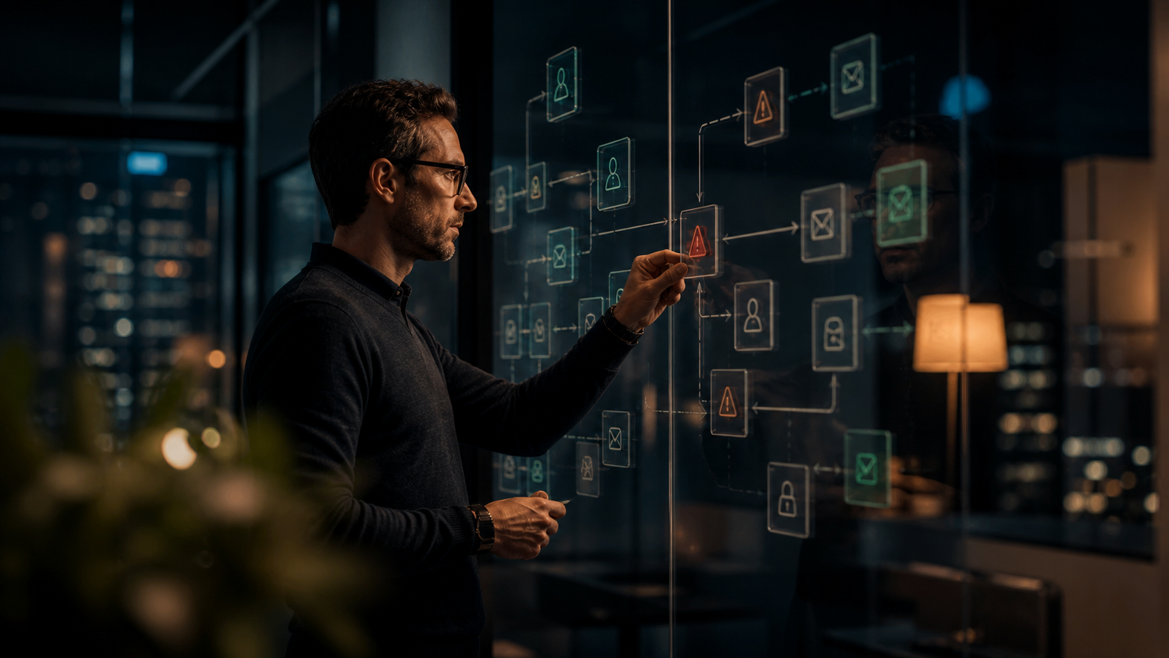 An engineer tracing an agent approval flow on a glass wall, pausing on a red warning gate where an irreversible write action must be stopped.