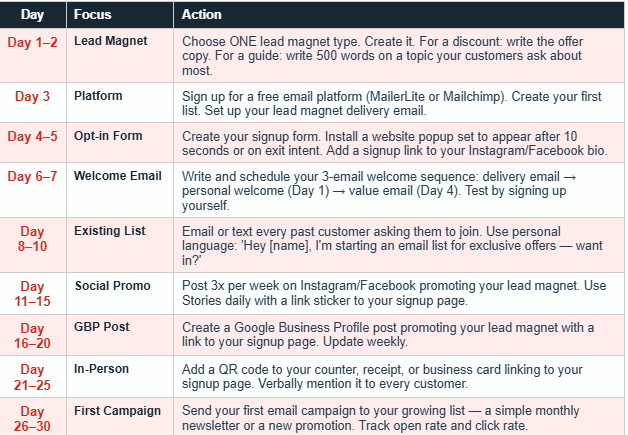 30-day email list building action plan table showing day-by-day tasks across 9 phases including lead magnet creation, platform setup, opt-in form, welcome email sequence, existing customer outreach, social media promotion, Google Business Profile post, in-person QR code signup, and first email campaign launch