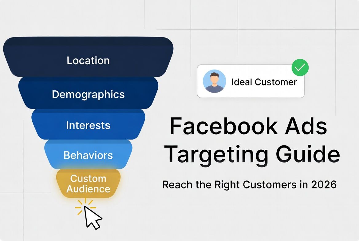 Facebook Ads audience targeting funnel showing location, demographics, interests, behaviours and custom audience layers for small business marketing